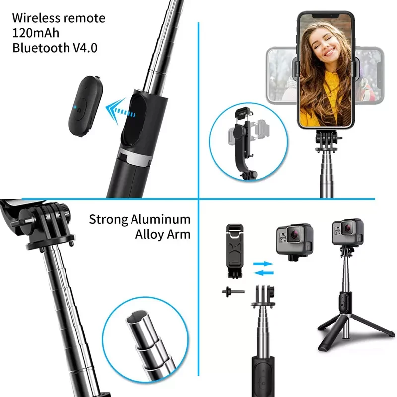 Stick Tripod with Wireless Remote, Mini Extendable 4 in 1 Selfie Stick - 360° Rotation Phone Stand Holder enlarge