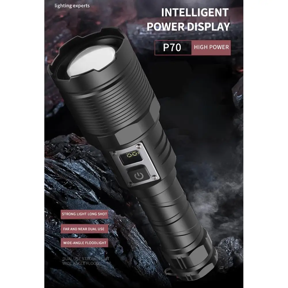 

Xhp70 30w Led Flashlight 5 Levels Digital Display Strong Light Hand Lantern Outdoor Emergency Lighting Tool