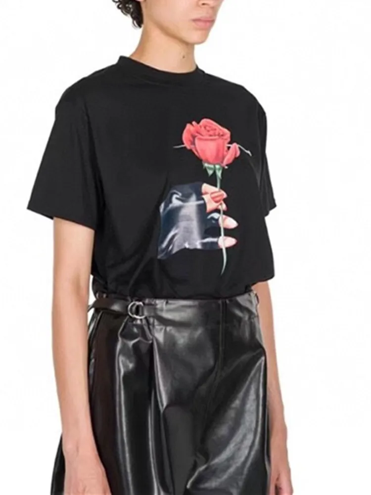 

Rose Print Women Simple T-shirts 2022 Summer new Short Sleeve Casual Ladies Tees
