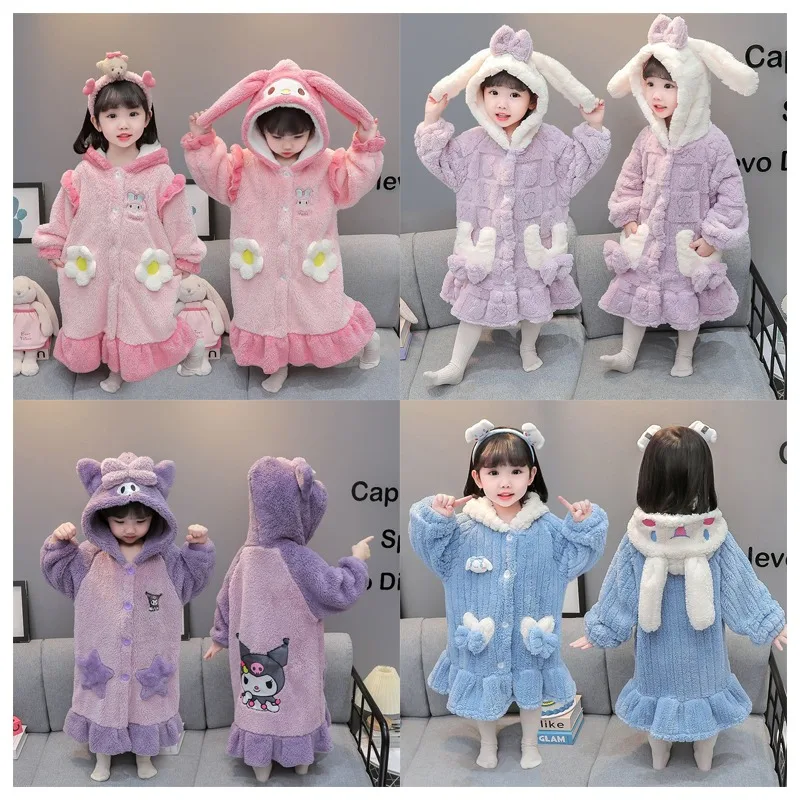 

Милая Ночная рубашка с капюшоном для девочек Kawaii Sanrios мультфильм My Melody Cinnamoroll Kuromi фланелевая утепленная теплая Пижама детский подарок