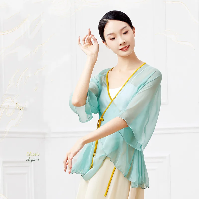 

Classical Dance Costume For Women Solid Straps Flared Three-quarter Sleeves Tops Yoga Sport Costume Chinese Folk Dances Wear