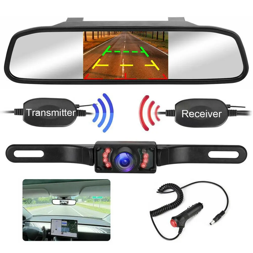 

5-inch Rearview Mirror Car Display With Long License Plate Night Vision Waterproof Camera Parking System Wireless Kit
