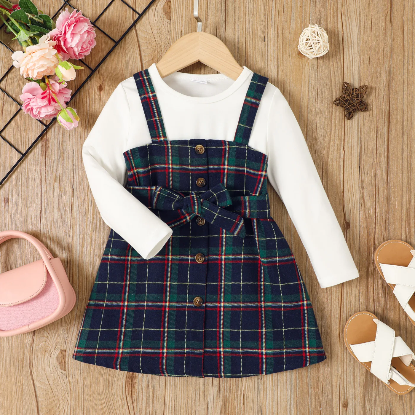

PatPat 3pcs Toddler Girl Grid Button Feature Dress