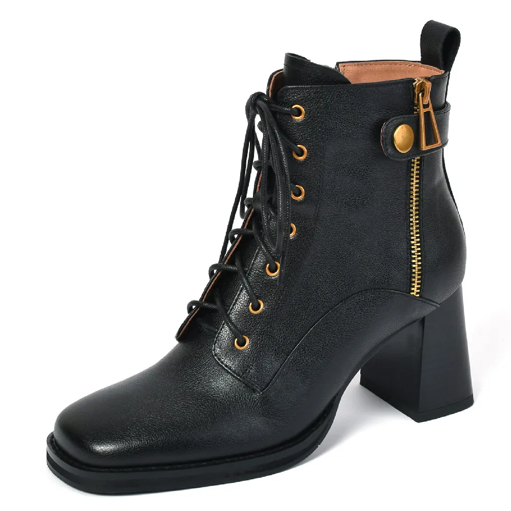 Женские ботильоны из натуральной кожи на толстом высоком каблуке с квадратным