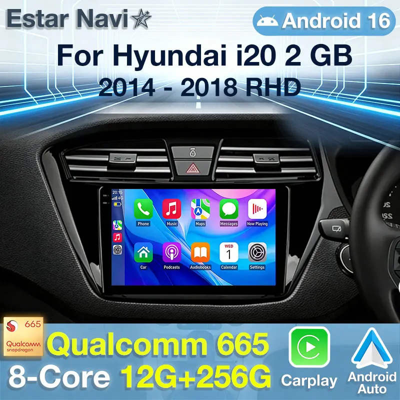 Фото Автомагнитола Android 16 с QLED-экраном и CarPlay для Hyundai i20 2 II GB 2014-2018, мультимедийная навигационная система, GPS, видеоплеер №1