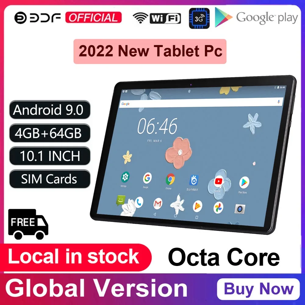 BDF Tab Global Version 10.1 Inch Tablet Android 9.0 OS Octa Core 4GB 64GB SIM Cards Tablet Pc Bluetooth WiFi GPS 3G Pad 2022