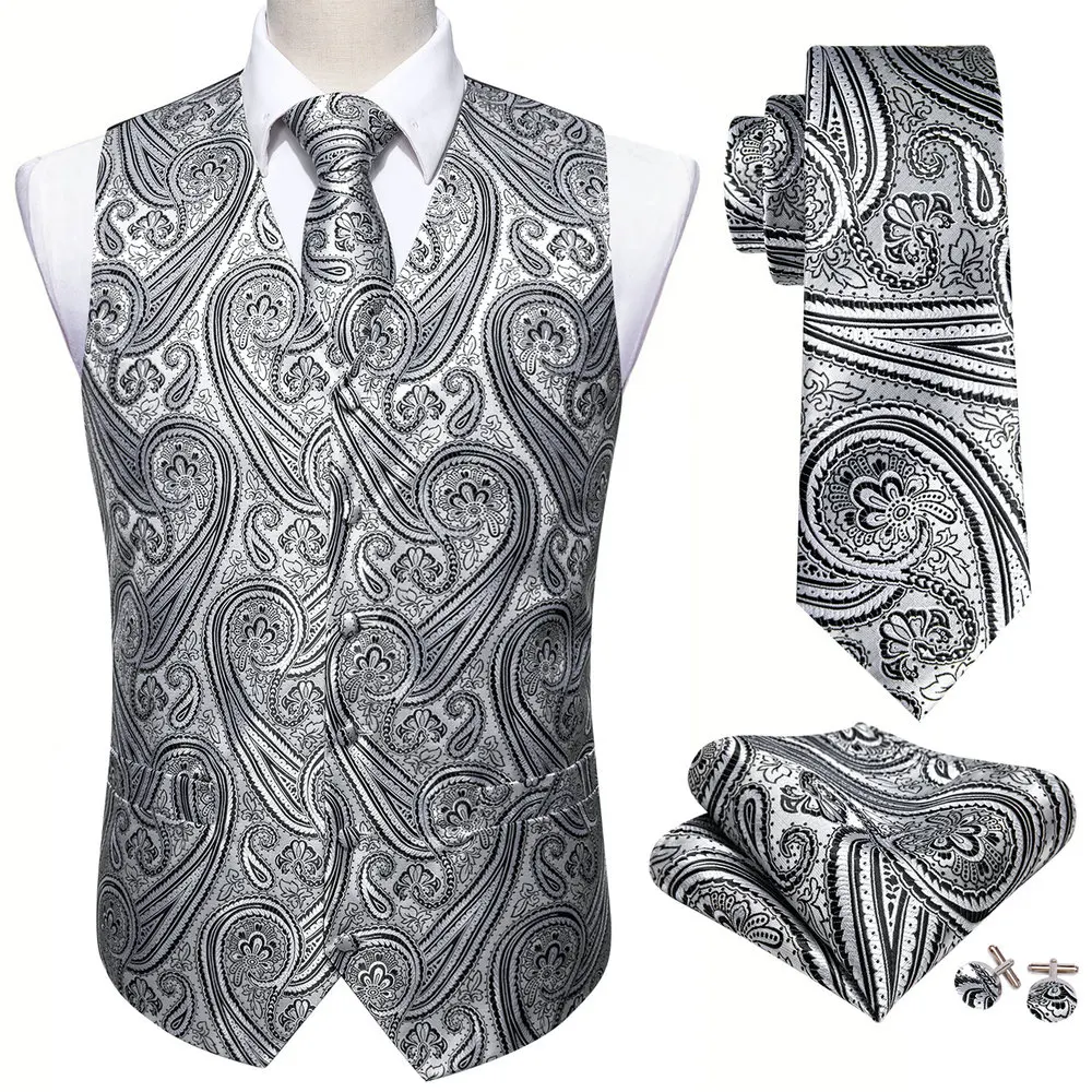 

Gray Floral Silk Vest Waistcoat Men Slim Suit Vest Paisley Necktie Handkerchief Cufflinks Tie Vest Business Barry.Wang Design