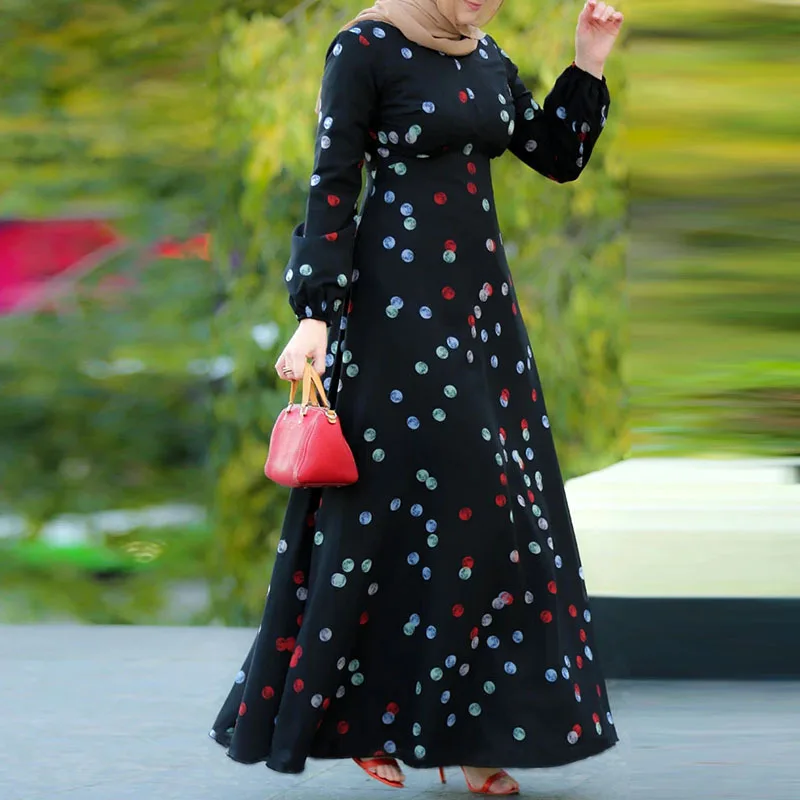 Woman Malaysia Muslim Maxi Dress Printed Long Sleeve O Neck Modest Ramadan Jalabiya Caftan Moroccan Kaftan Arab Islamic Dresses