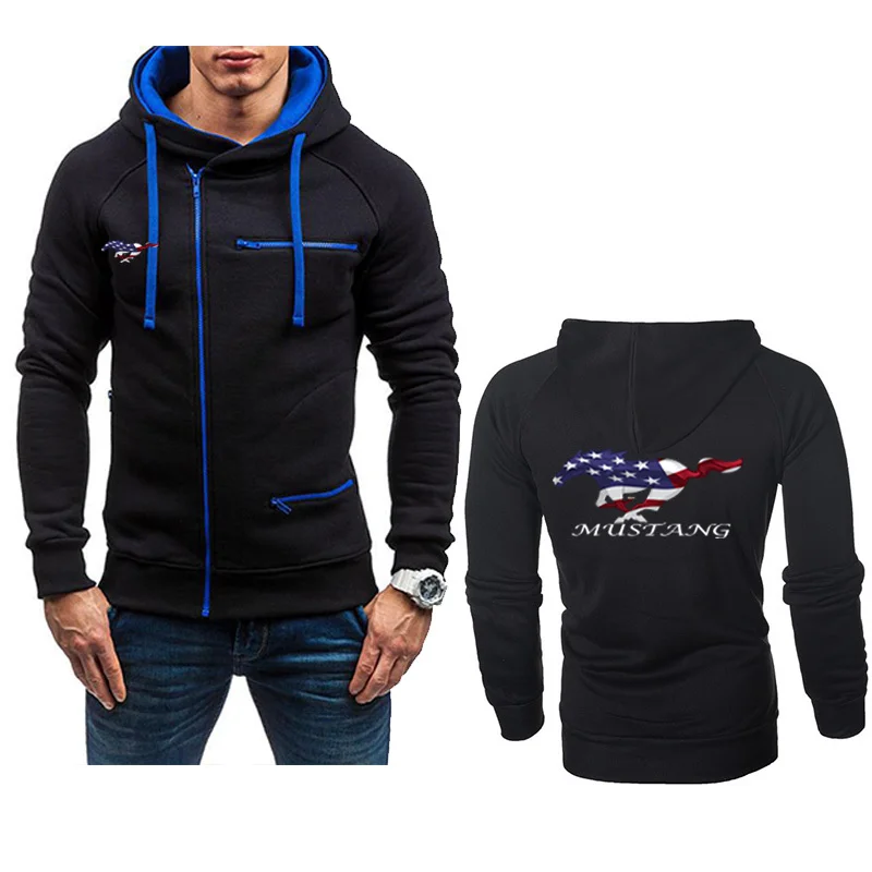 

2021NEW Men's Hoodies MUSTANG Car Logo Print Casual HipHop Black Hooded Fleece Sweatshirts Zipper Jacket Men Tops