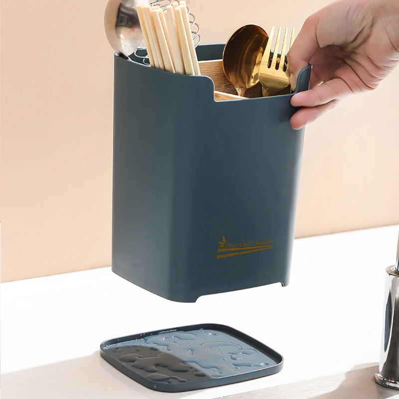 

Household Kitchen Rack With Tray Multifunctional Spoon Fork Chopstick Drain Chopstick Holder Tableware Storage Box