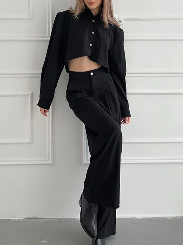 

Fall New Black Long-Sleeved Shirt Set Short Button Leak Waist Shirt With High Waist Slim Wide Pants