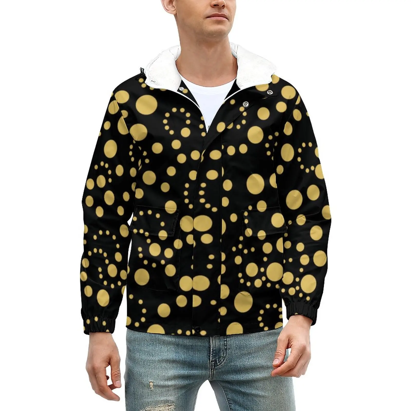 

Gold Polka Dot Jackets Winter Spots Print Retro Thick Warm Casual Coats Man Hooded Outerwear Windbreak Custom Oversized Jacket