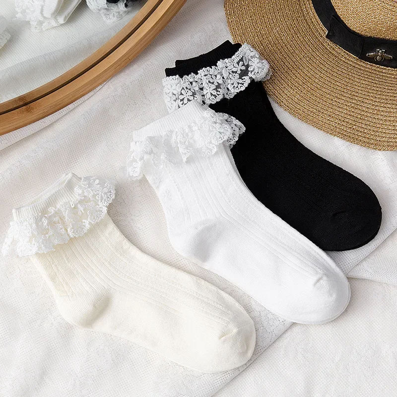 Черно-белые длинные носки женские JK в японском стиле милые кружевные с рюшами для