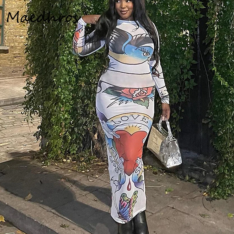 

Сетчатое платье-макси с круглым вырезом и длинными рукавами