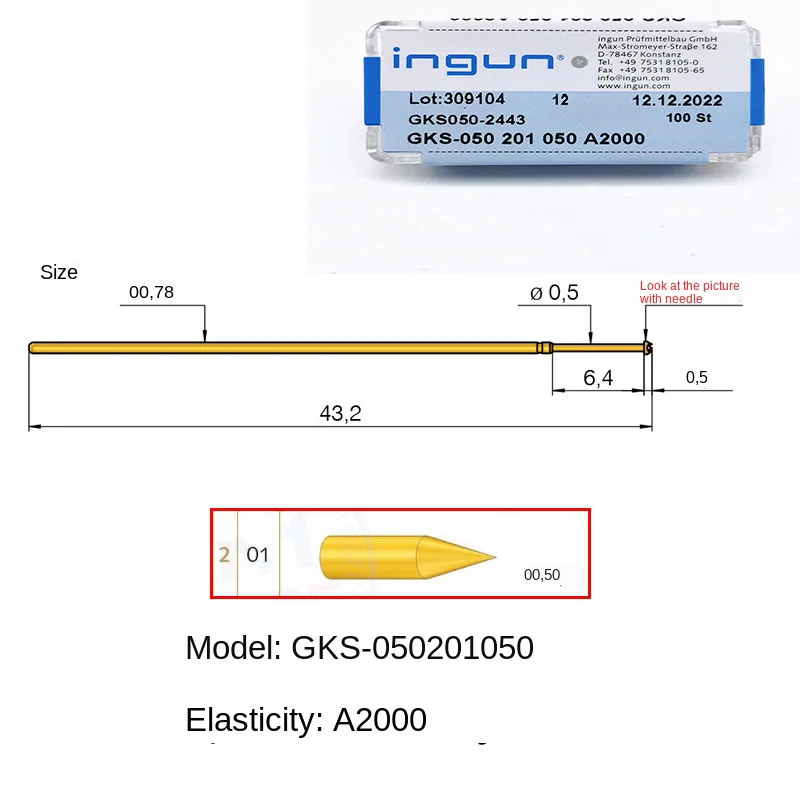 100 шт. зонд INGUN GKS050 201 050 A2000 заостренный 50 мил 0 78 мм пружинный тестовый штифт