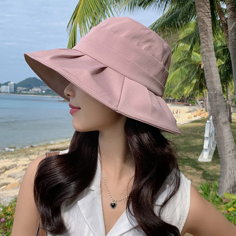 

Spring Summer Hat Women's Wide Brim Pleated Panama Fisherman Hat Sunshade Bucket Outdoor Beach Basin Hat for Women Boonie Hat