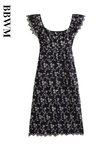 Embroidery Midi Dress Woman V Neck Vintage Short Sleeve Dress Women Summer Streetwear Dresses 2023 Chic Female Evening Dress
