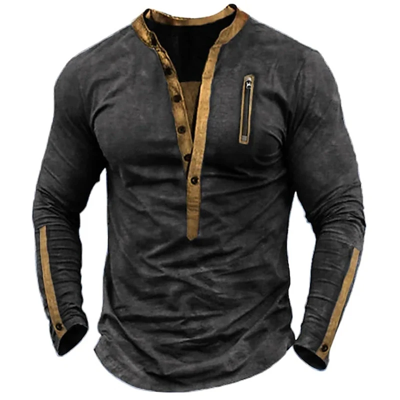 

Casual Men's V Neck Top Autumn Vintage Button-up Long Sleeve Loose Pullover T Shirt For Men Fashion Patchwork Striped T-shirts