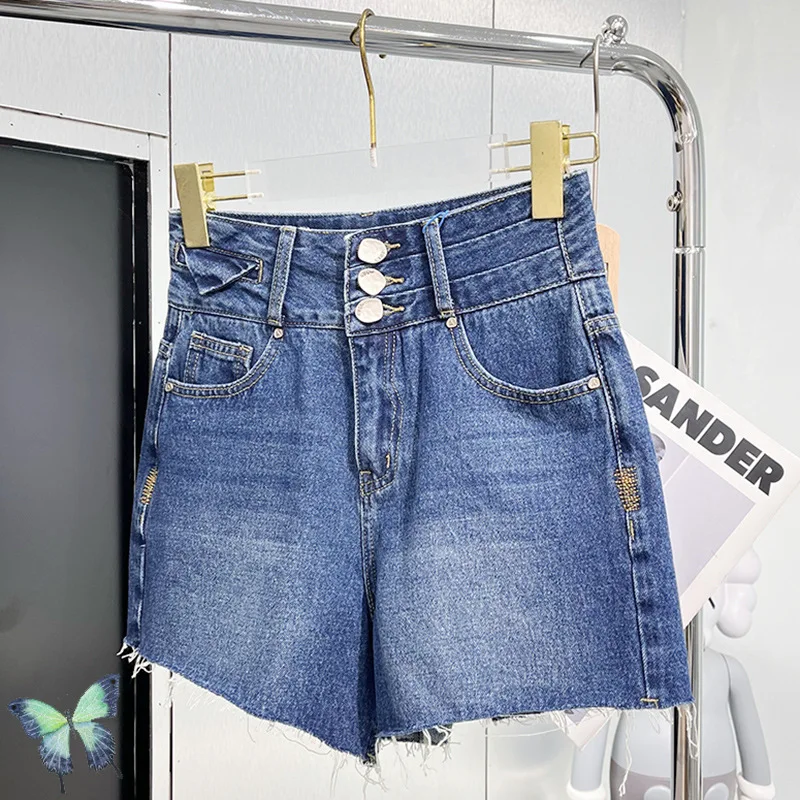 

Three Button Washed Denim Blue Hot Short Pants Ader Error Women High Waist Jeans Shorts