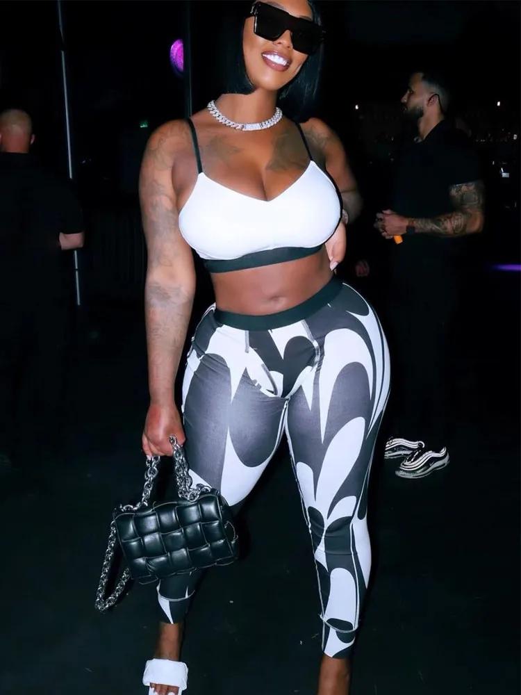 

Hawthaw Women White Crop Tank Tops Printed Long Pants Two Piece Sets Tracksuit 2022 Summer Clothes Wholesale Items For Business