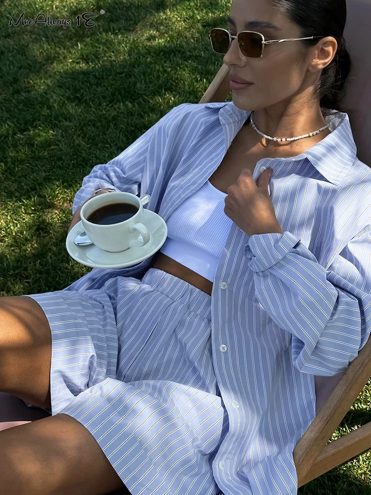 

Mnealways18 Stripe Blue Vacation Shorts Sets Two Pieces Oversize Shirts And Wide Legs Shorts Casual Office Streak Outfits 2023