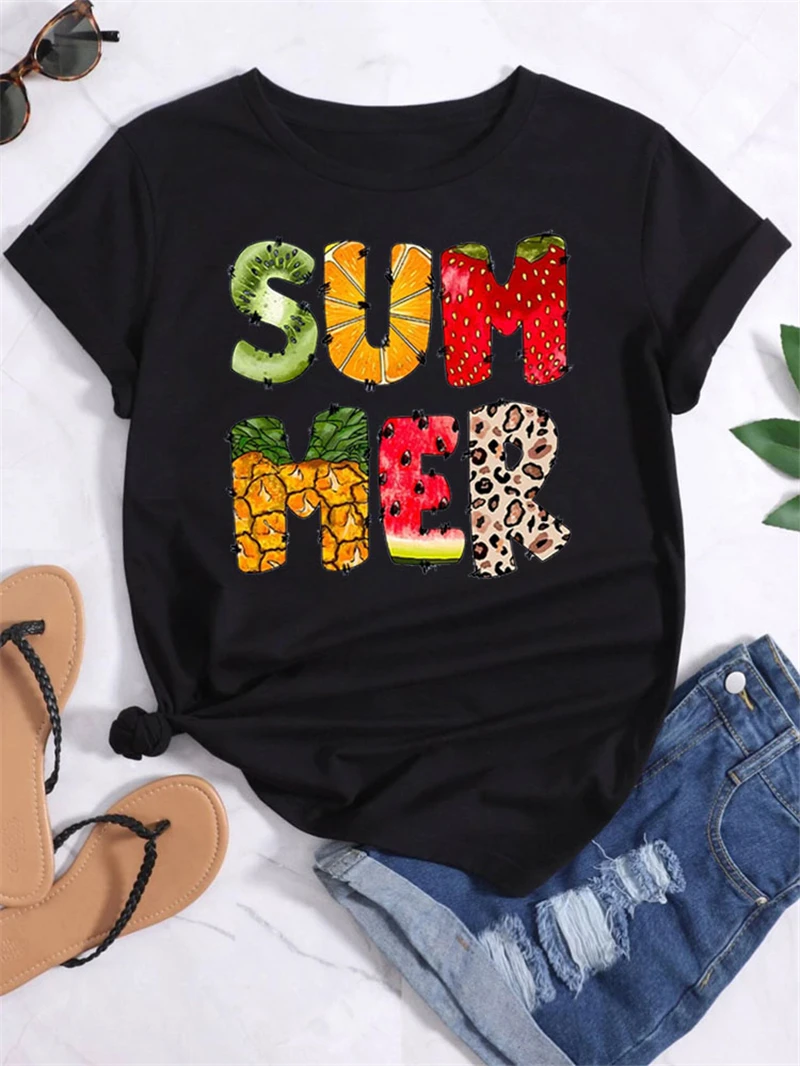 

Модные женские топы, женские футболки с забавным принтом фруктов, Летние повседневные женские топы, черная футболка с коротким рукавом