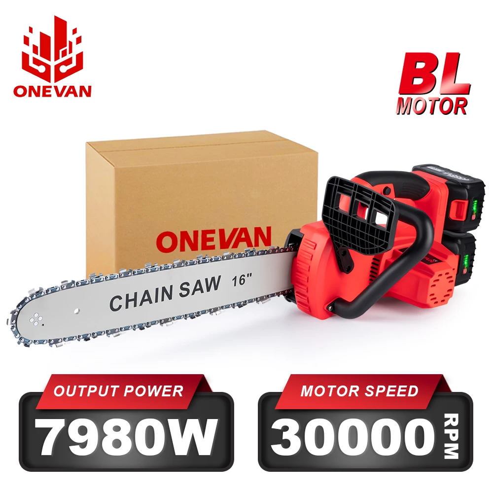 ONEVAN 16Inch 7980w Brushless Electric Saw Double Battery Pin Electric Chainsaw Woodworking Power Tool For Makita 18v Battery