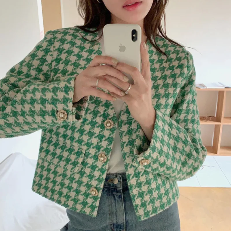 

Vintage Houndstooth Short Slim Jackets Women Fall New Korean Elegance V-neck Loose OL Cropped Female's Coats Casual Outwear Tops