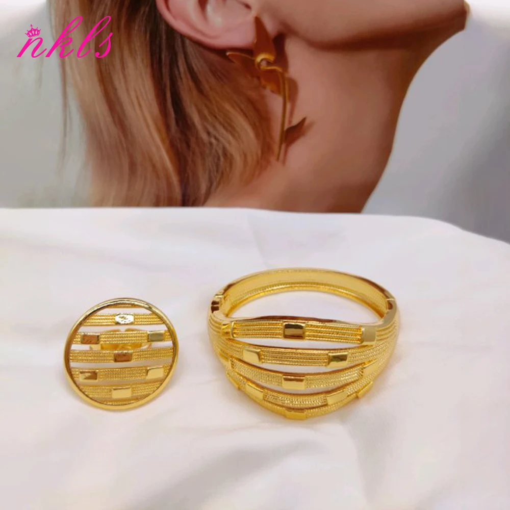 Дубайский позолоченный полый дизайн браслет и кольцо трендовый комплект