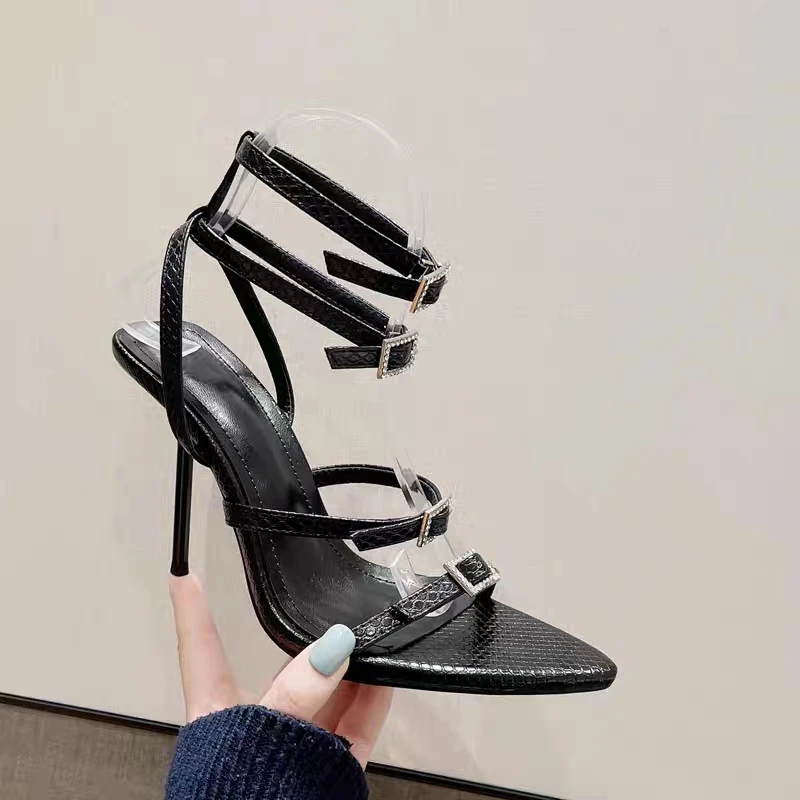 2023 European and American New High Heels Fashion Square Buckle Roman Sandals Sexy Thin Heel Women's Shoes