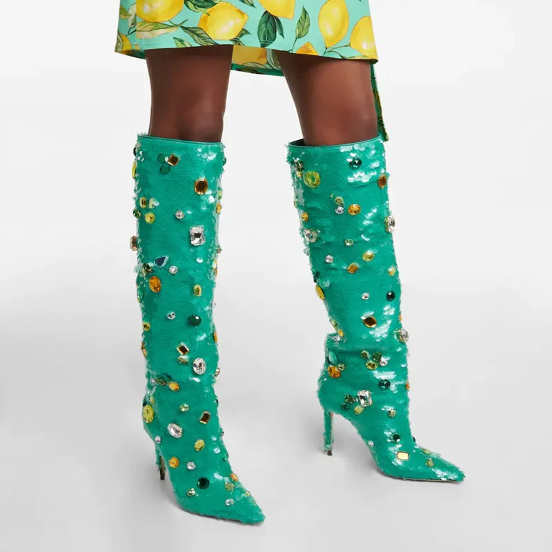 Sequin Women's High Boots Autumn And Winter New Pointed Ultra-High Heel 9.5cm Color Rhinestone Metal Decorative Green Boots