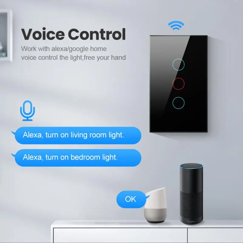 

Tuya US Wifi Wall Switch, Smart Light Switch, Glass Panel Touch-Sensor interruptor 1/2/3 Gang Work with Alexa,Google Home