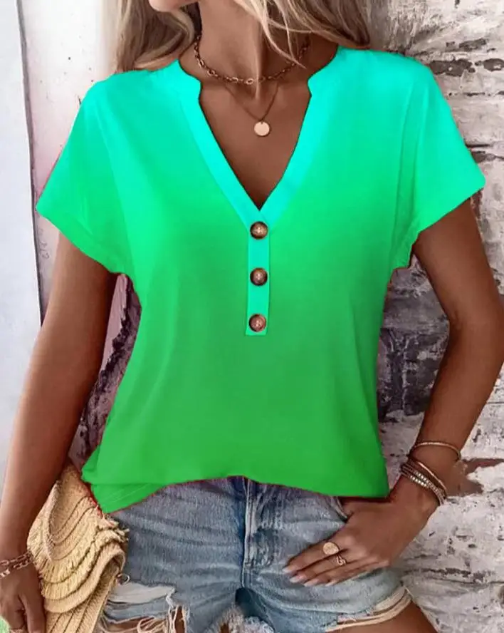 

2023 Hot Selling New Women's Casual Spring/summer Ombre Split Collar Button Casual T-Shirt