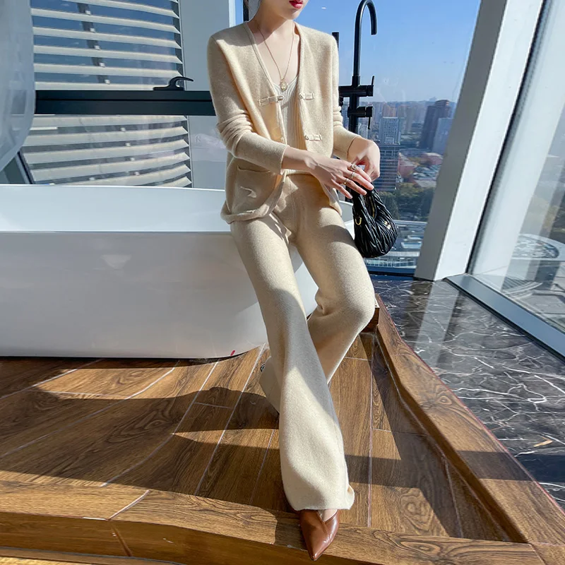 Комплект из двух предметов кардиган чистой шерсти в китайском стиле женские
