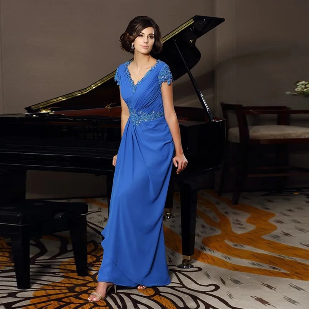 

Elegant Floor Length Long Mother Of The Bride Dress Cap Sleeves Chiffon A Line With Pleat Formal Wedding Party Gown Vestidos