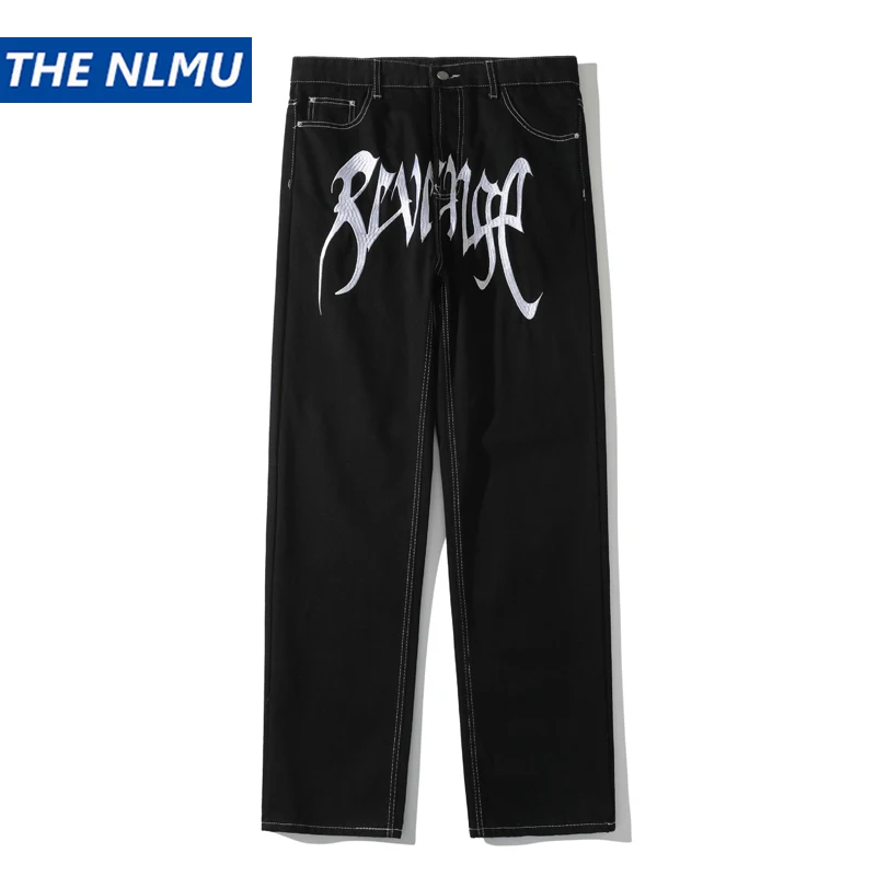 2023 Men Hip Hop Denim Pants Streetwear Letter Embroidery Denim Pants Harajuku Joggers Jeans Trousers Baggy Pants