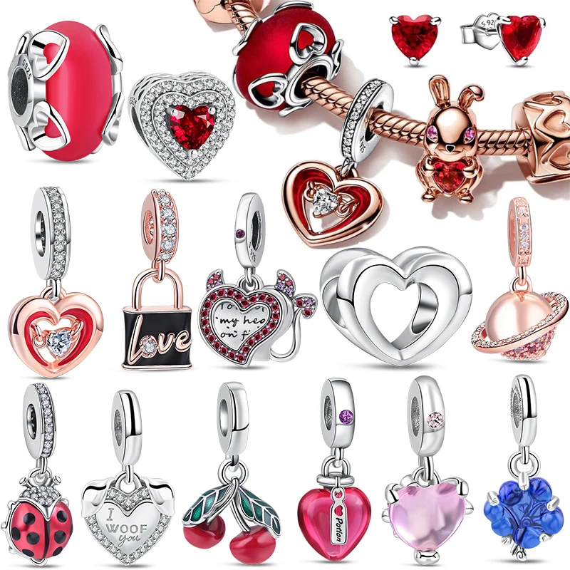 

925 Silver Pink Love Red Murano Glass Beads Ladybird Devil Heart Double Dangle Charm Fit Original Pandora Bracelet Women Jewelry