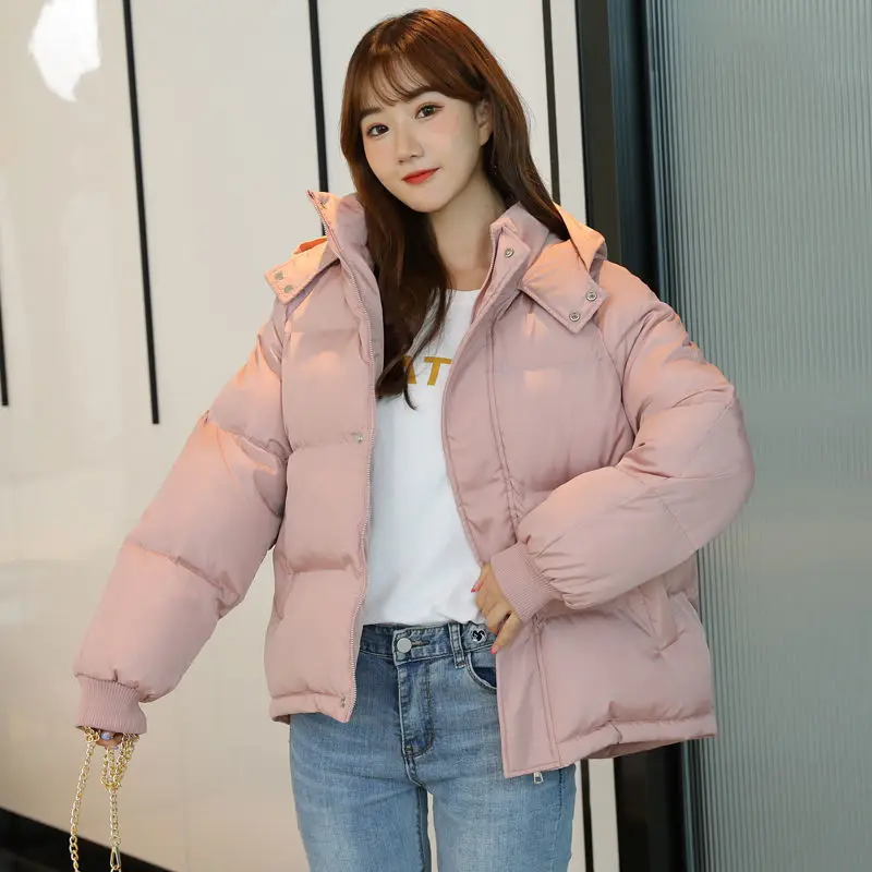 Short Loose Fitting Hood Plush Jacket Woman Winter 2023 with Feathers New In Outerwear Spring Quilted Coat Demi-season Oversize enlarge