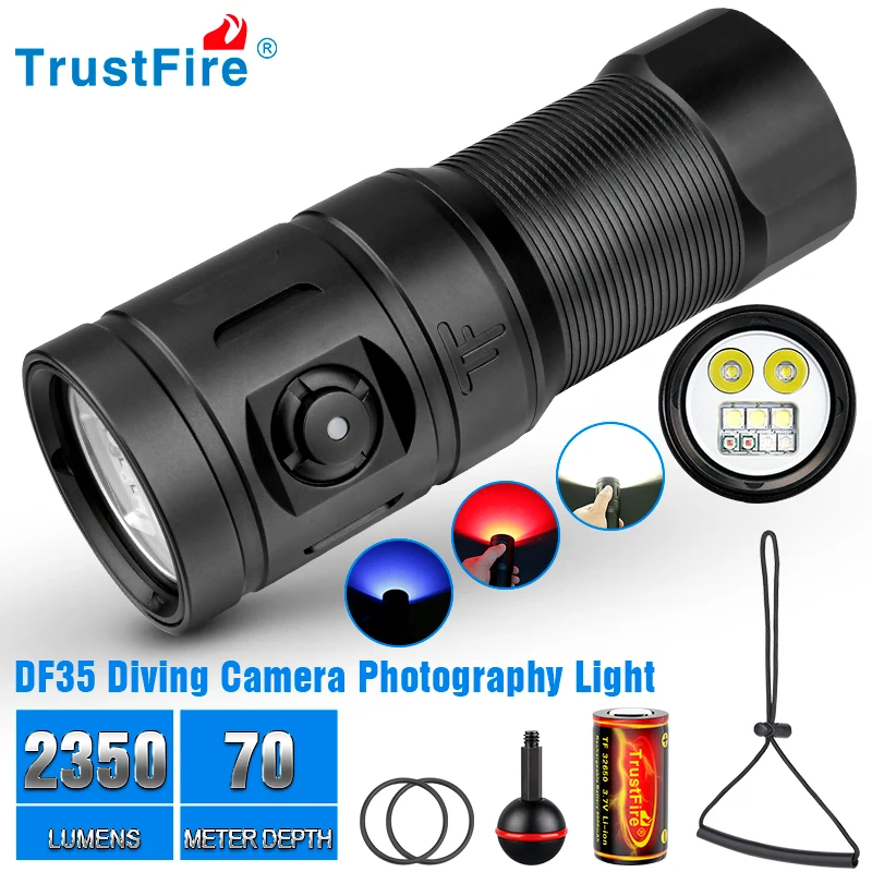 Trustfire DF35 Diving Flashlight 2350LM Led Spotlight Flood UV/Red/White Light Underwater Lamp for Scuba Cave Dive Camera