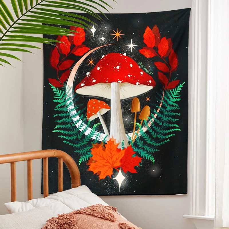 

Trippy Mushroom Tapestry Wall Hanging plant leaves starry sky Tapestry black Floral Macrame Tapestry Boho Bedroom Wall Decor