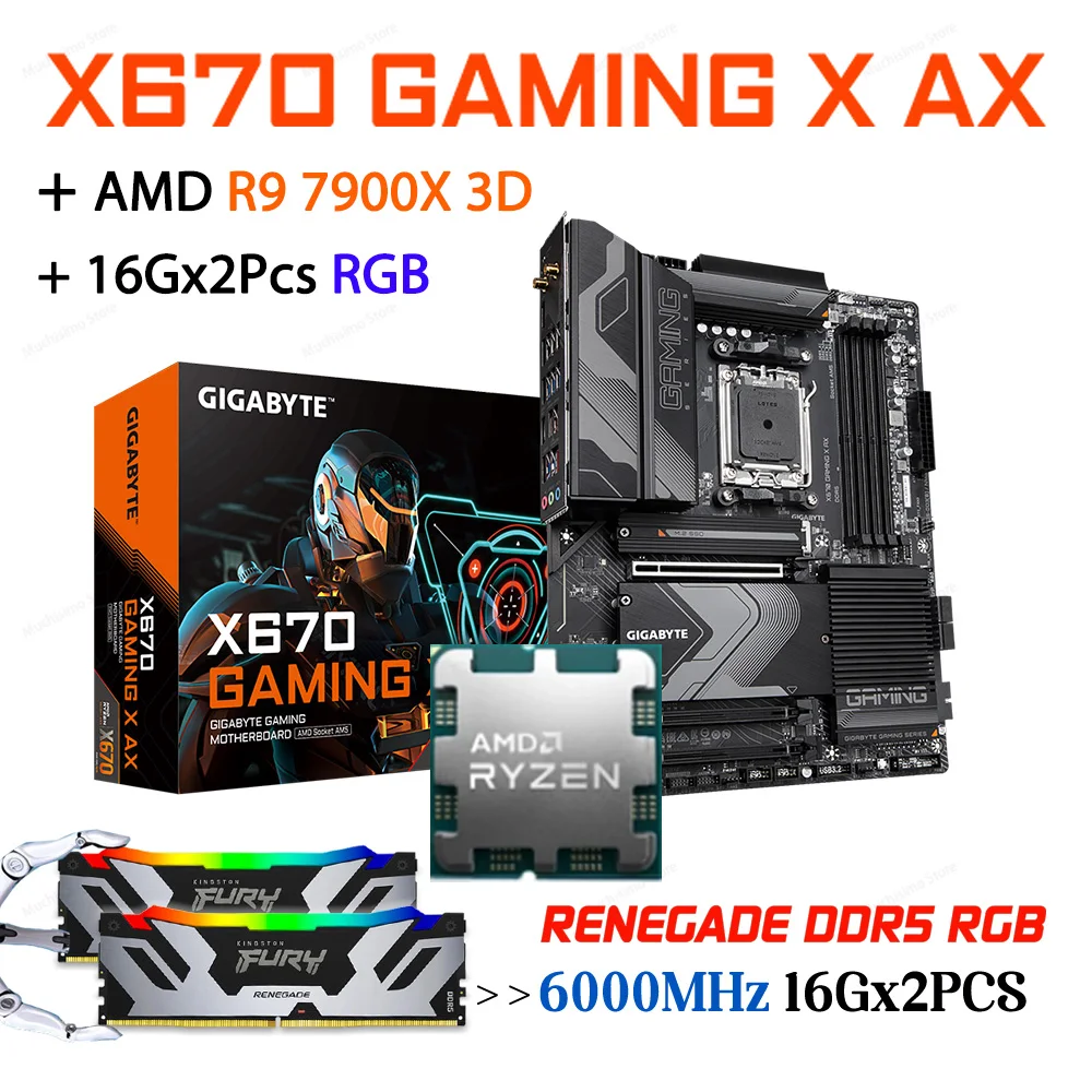 

Комплект материнской платы GIGABYTE AM5 X670 GAMING X AX D5 с процессором AMD Ryzen 9 7900X 3D, ОЗУ Kingston Renegade 6000 МГц, 32 ГБ RGB