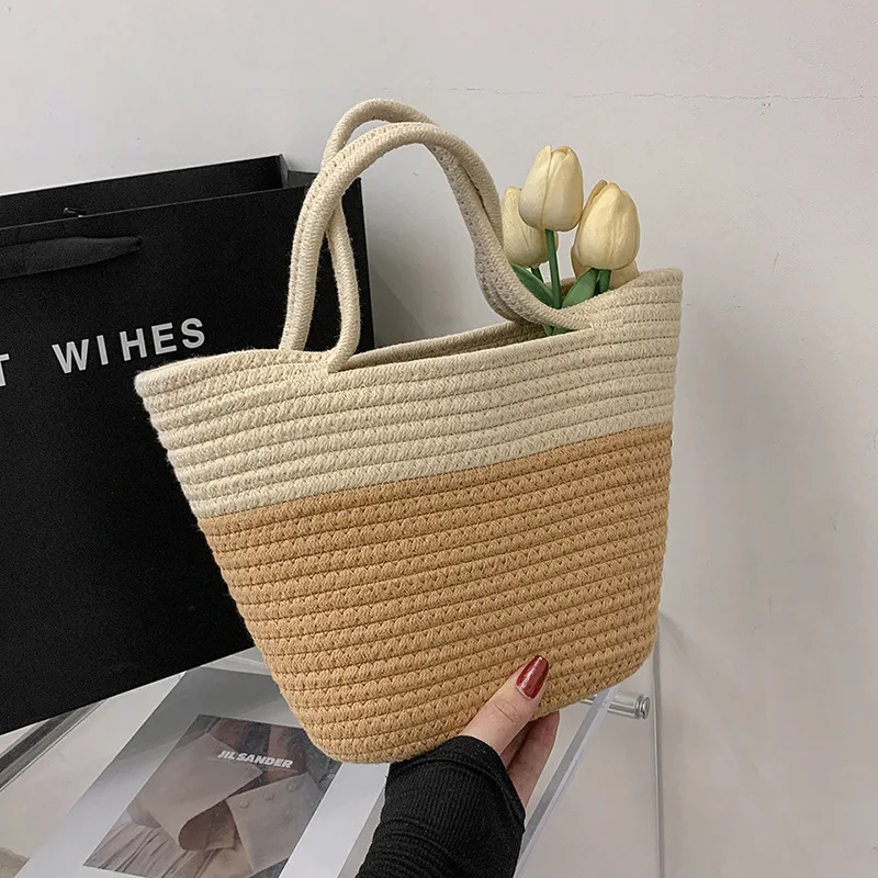 

Summer Woven Straw Handbag Women Contrast Color Cotton Rope Beach Bag Travel Large Capacity Tote Shopping Handle Bags
