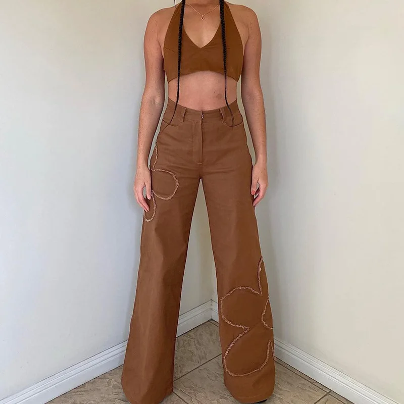 2023 Aesthetic Baggy Jeans Women Brown Vintage 90s Loose Long Pants Flower High Waist Ladies Straight Denim Trousers Streetwear
