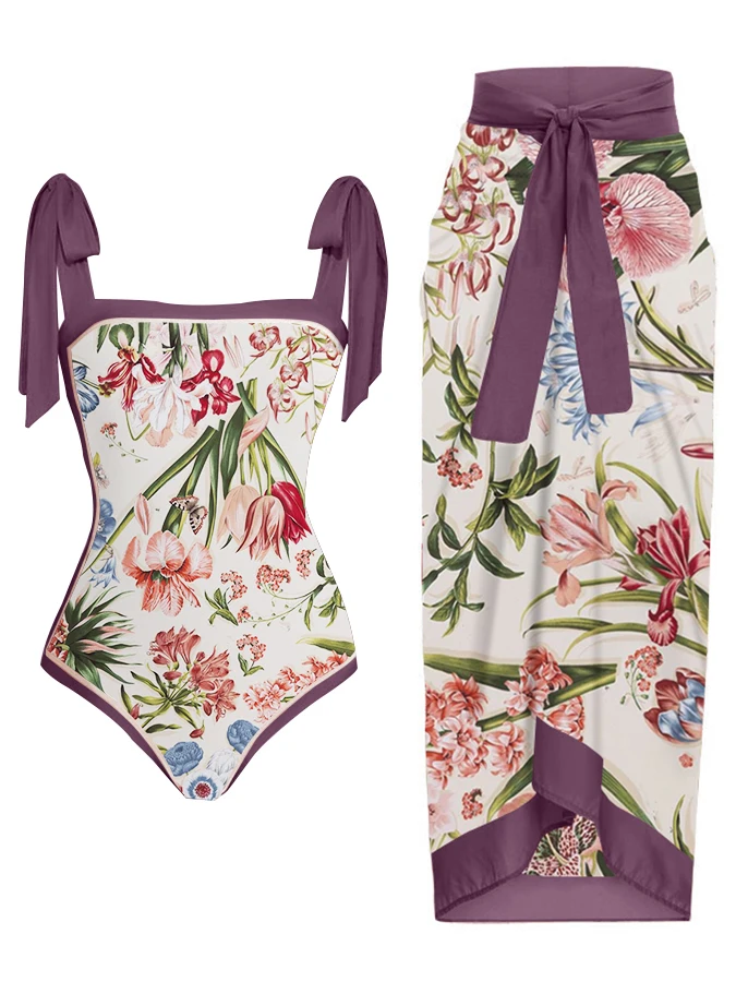 

Ladies Vintage Floral Purple Colorblock One-Piece Swimsuit Set Elegant Sexy Bikini