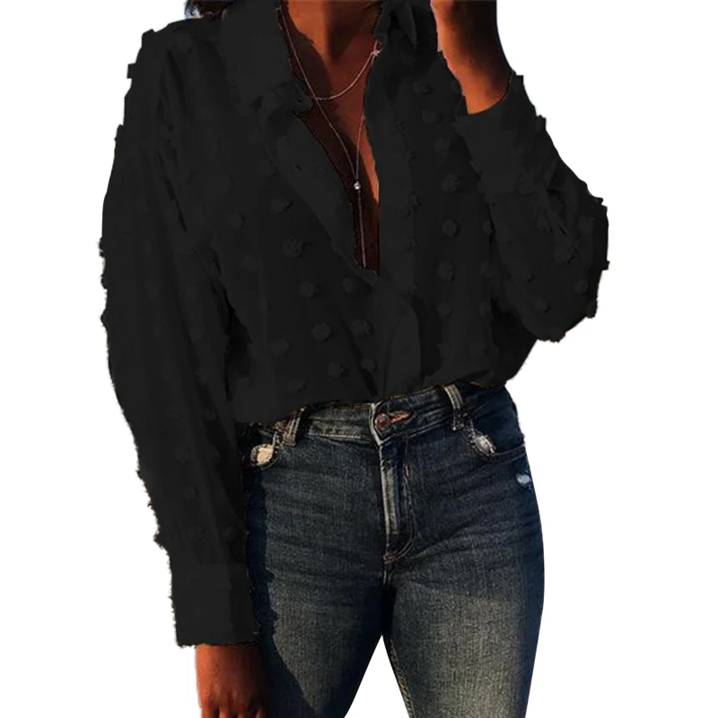 Рубашка женская шифоновая в горошек с V-образным вырезом и рукавами-фонариками -