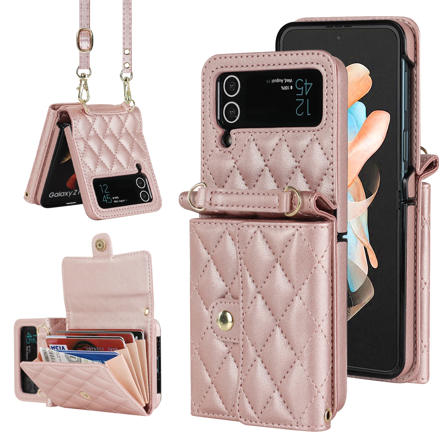 

Lanyard Crossbody Wallet Phone Case For Samsung Galaxy Z Flip 4 Flip4 5G RFID Blocking Organ Card Slot Lattice Leather Cover