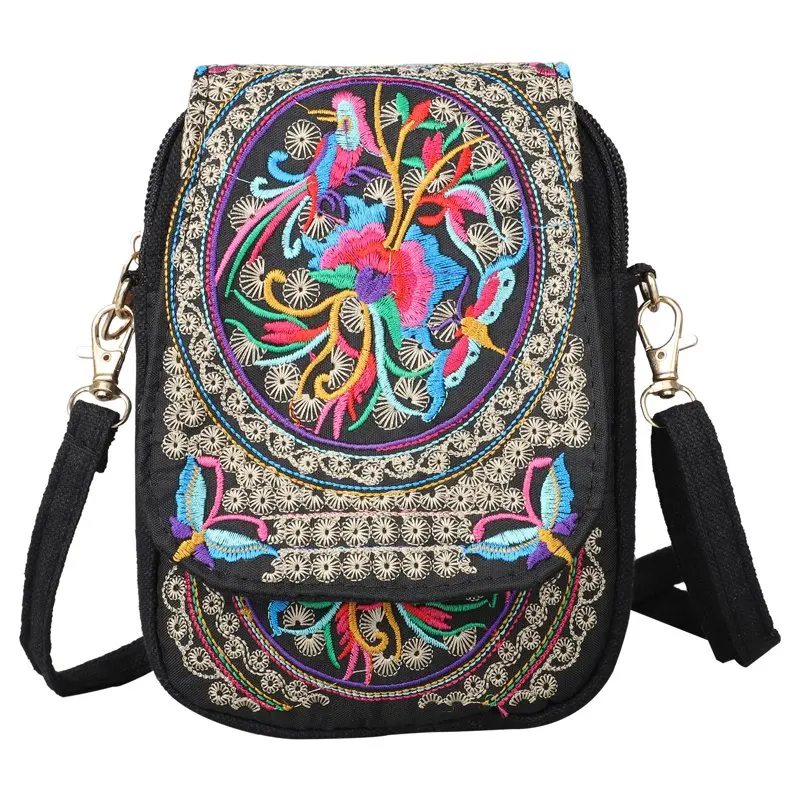 4.33 in Women Retro Embroidery Printed Handmade Mini Lovely Crossbody Handbag Pouch Small Cellphone Purse Coin Bag 5.51 x 4.33