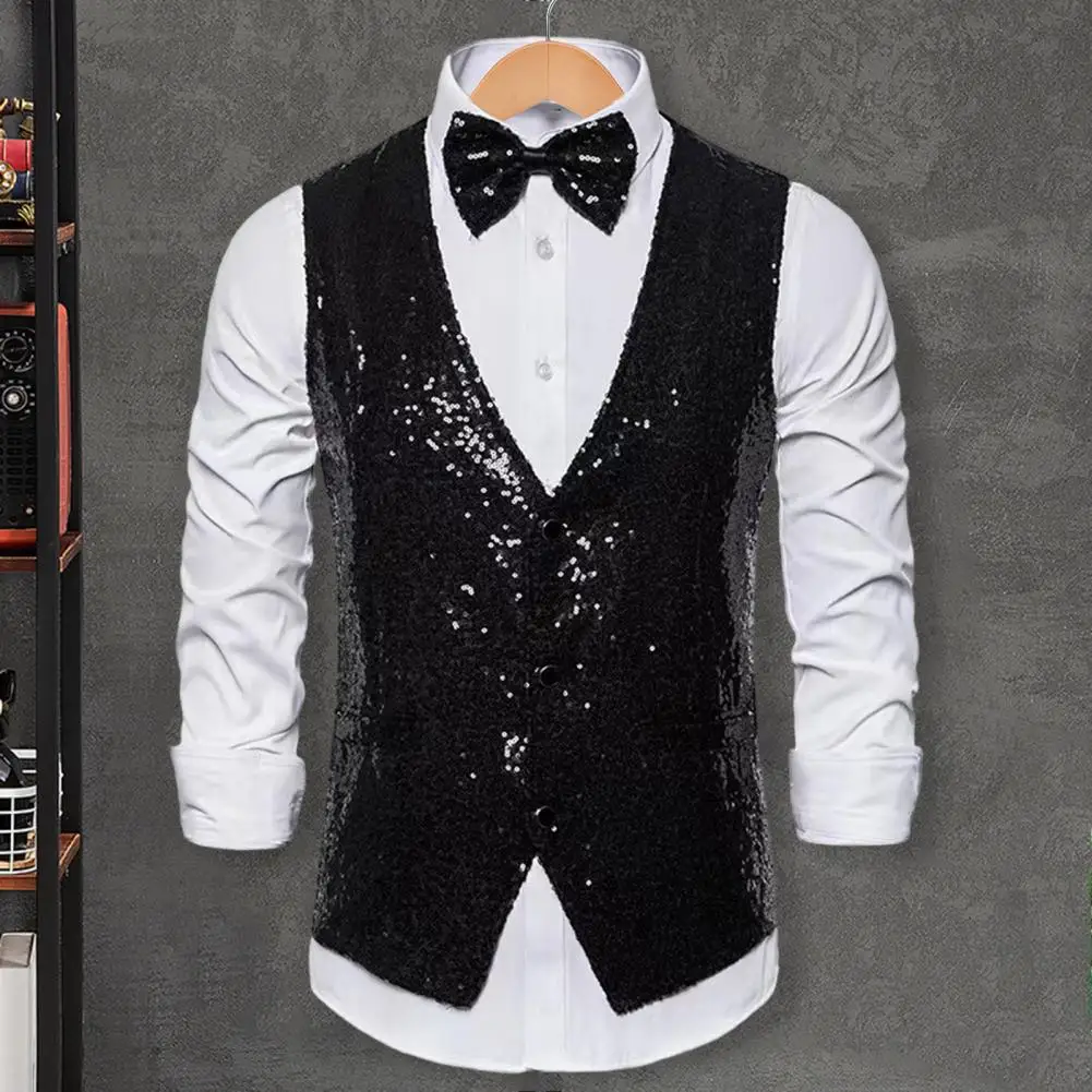 

Men Waistcoat Stage Performance Compere Emcee Waistcoat Shiny Sequin Slim Fit Sleeveless Single-breasted Vest With Bow-knot