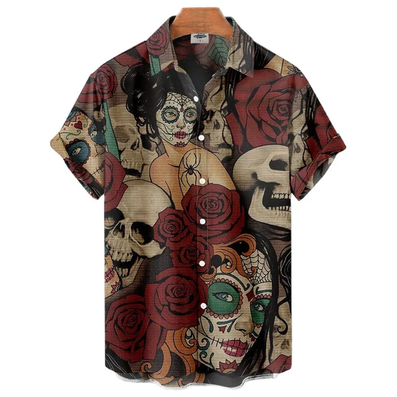 

Vintage 3d Printed Horror Skull Rocker Men Shirts Gothic Women Clothing Hawaiian Beach Short Sleeve Shirt Casual Lapel Tops