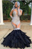 black girl mermaid evening dress feather sequin appliques illusion elegant african prom dress vestidos de fiesta para bodas